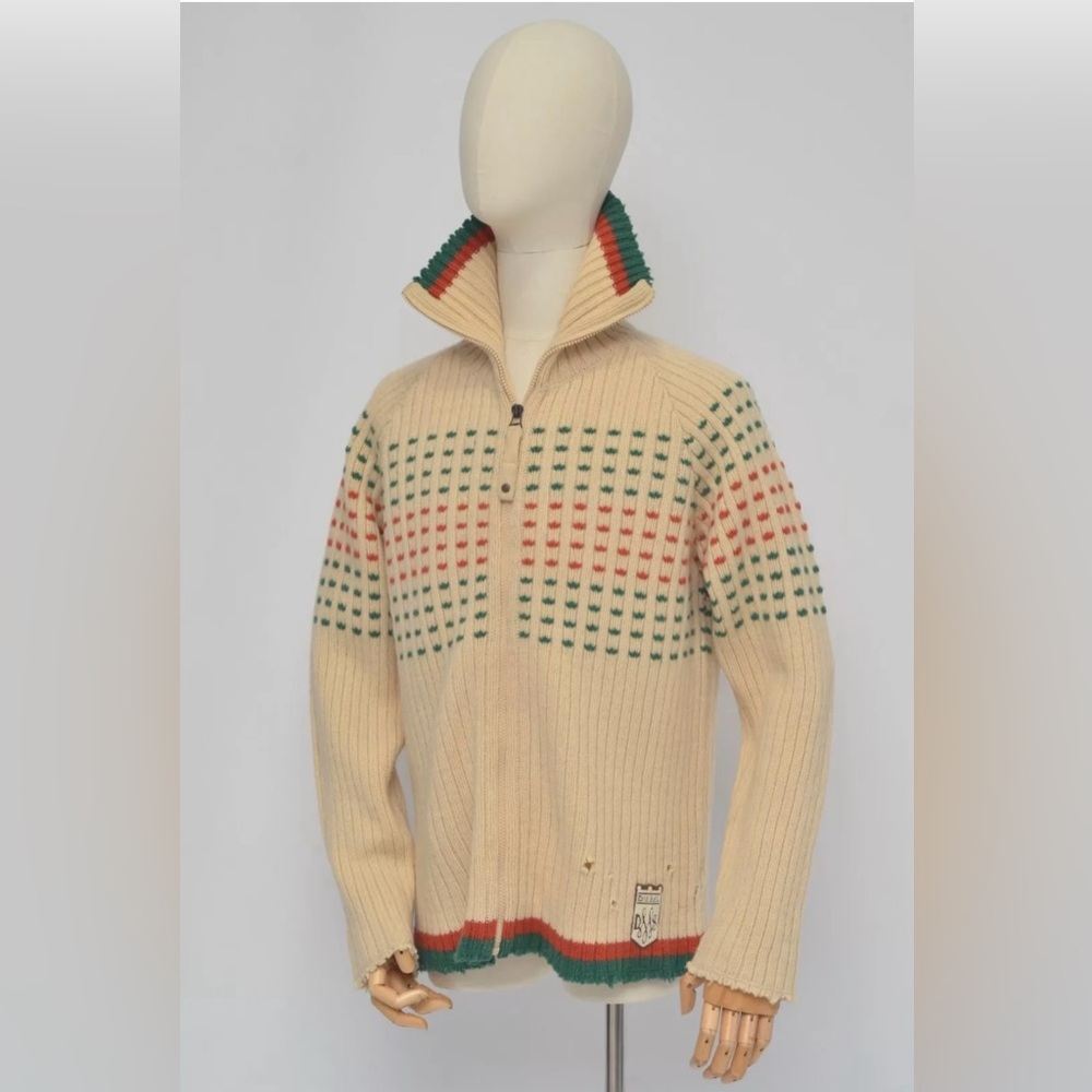 Diesel Jeans Cream Zip Up Sweater with Green and Orange Accents Just Dry-cleaned